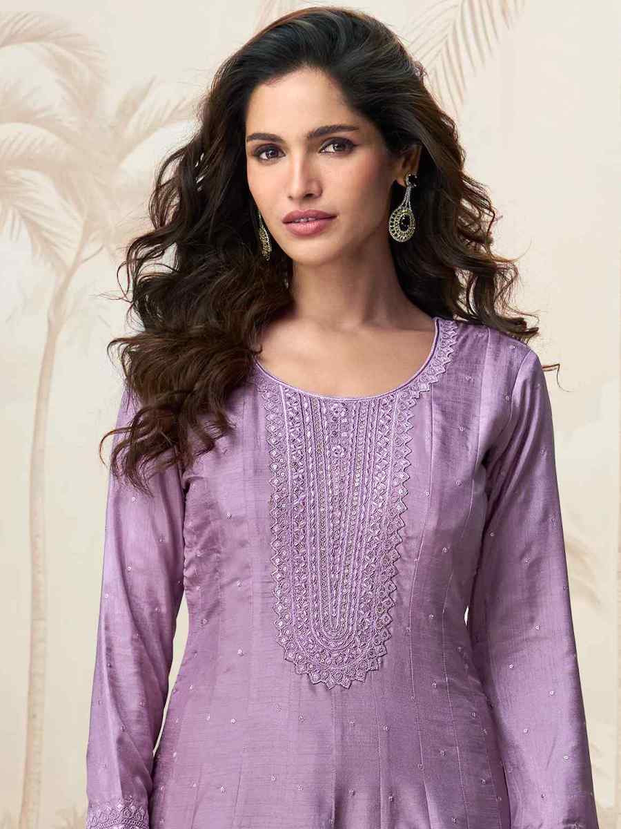 Lavender Premium Silk Embroidered Festival Casual Gown