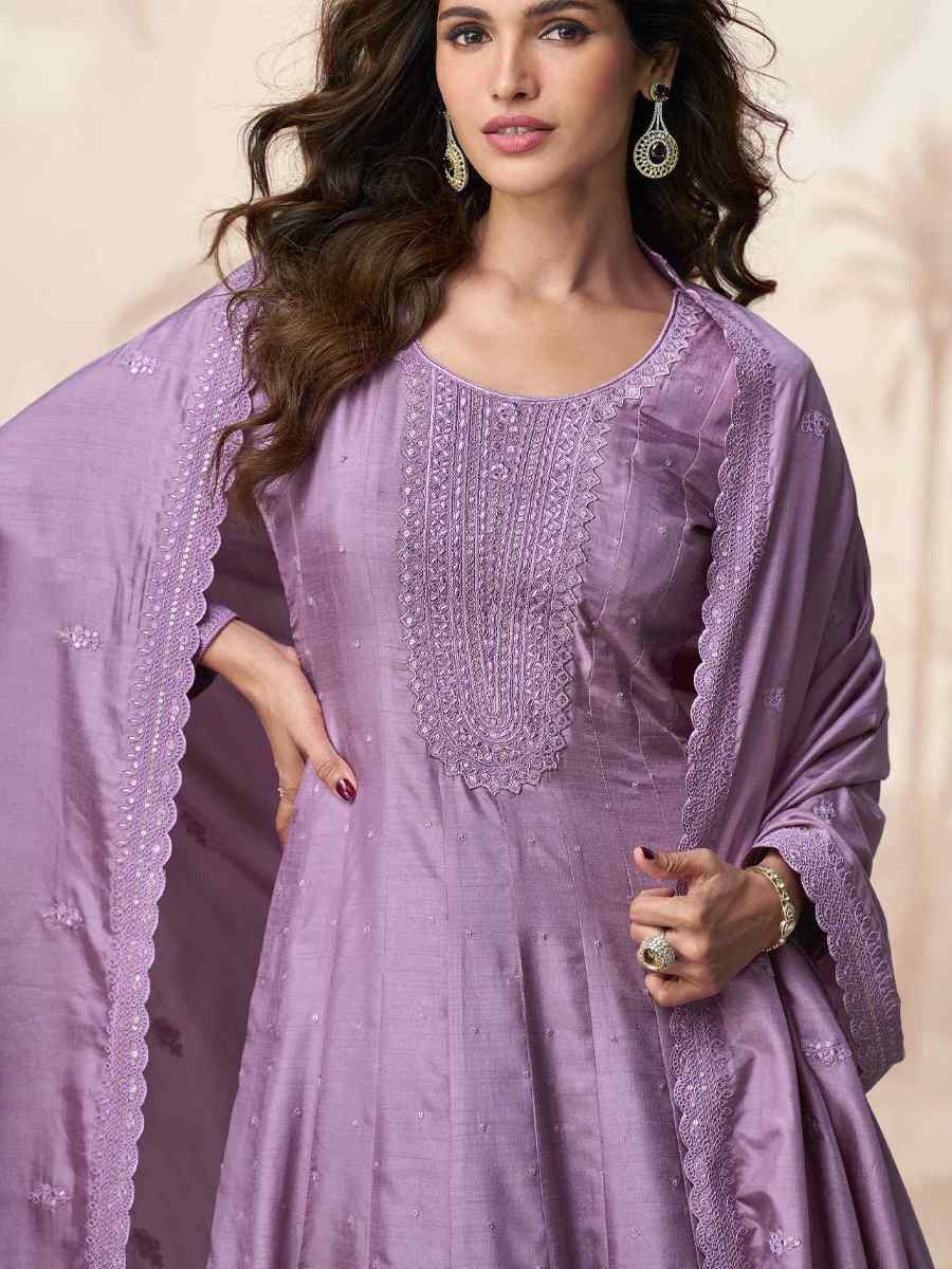 Lavender Premium Silk Embroidered Festival Casual Gown
