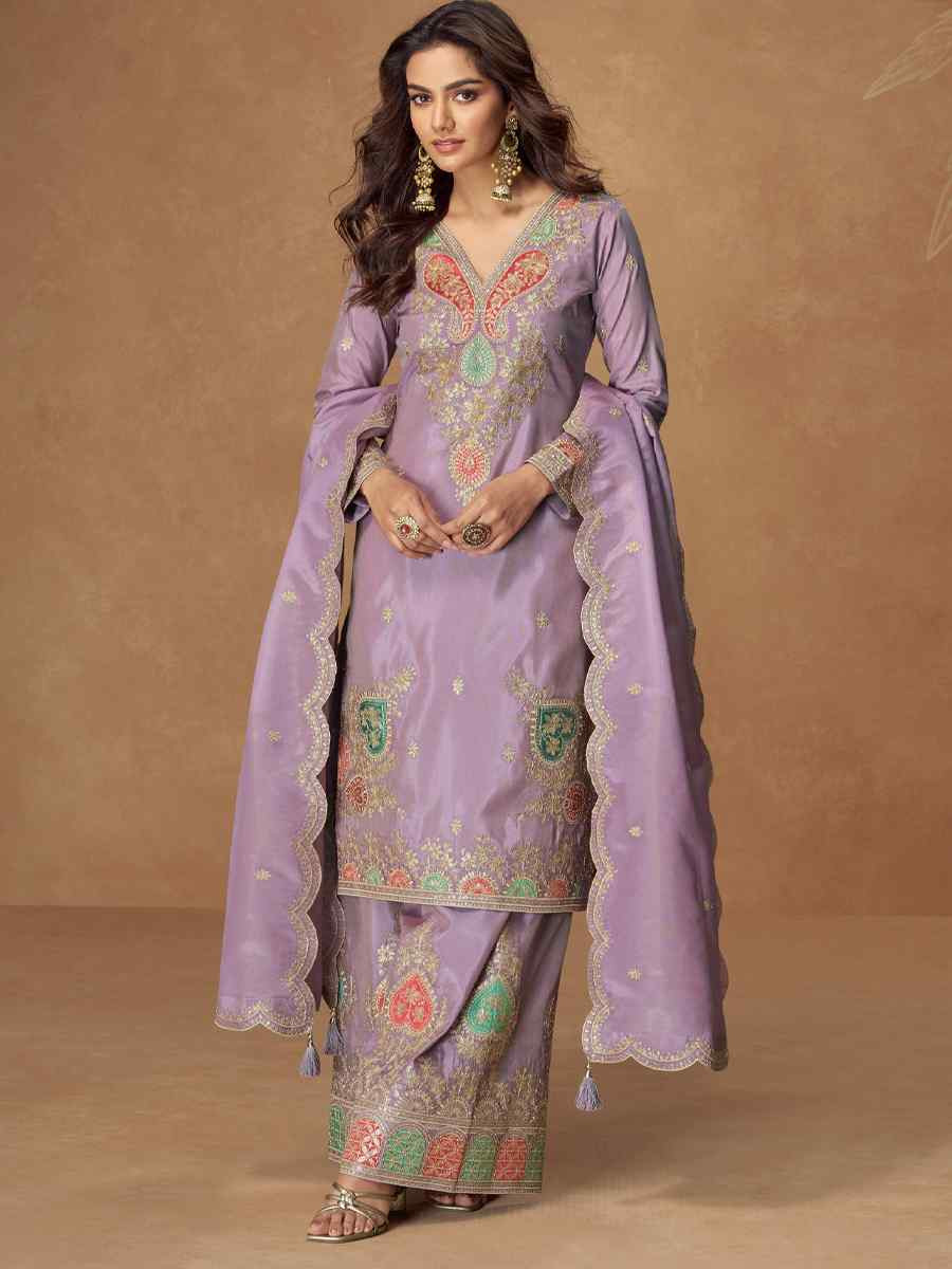 Lavender Premium Simar Silk Embroidery Party Wedding Festival Casual Ready Palazzo Salwar Kameez