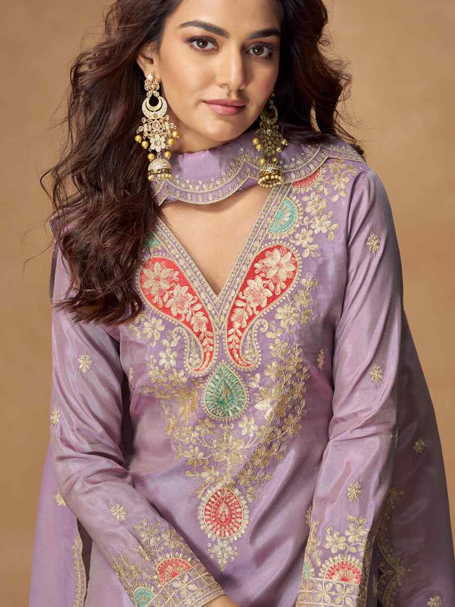 Lavender Premium Simar Silk Embroidery Party Wedding Festival Casual Ready Palazzo Salwar Kameez