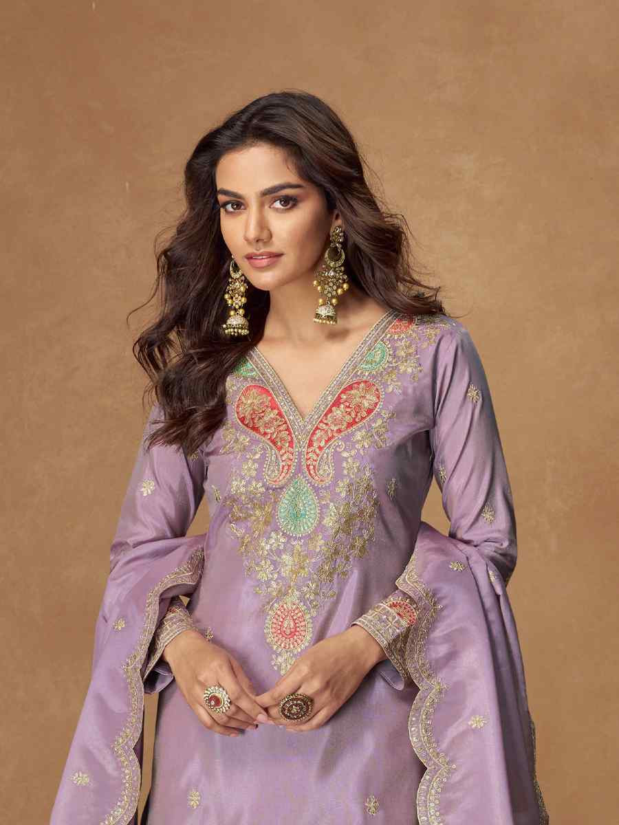 Lavender Premium Simar Silk Embroidery Party Wedding Festival Casual Ready Palazzo Salwar Kameez