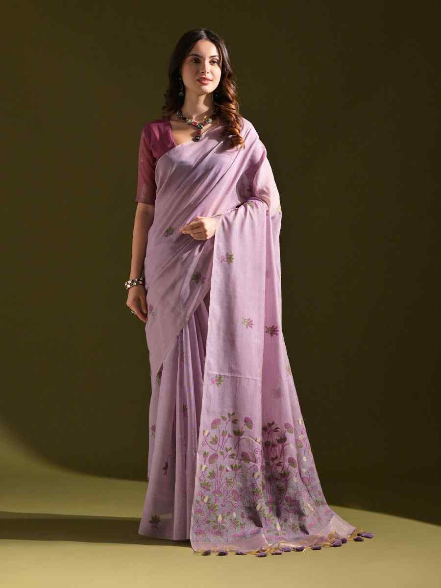 Lavender Premium Soft Muga Cotton Handwoven Casual Reception Festival Wedding Fancy Classic Style Sarees