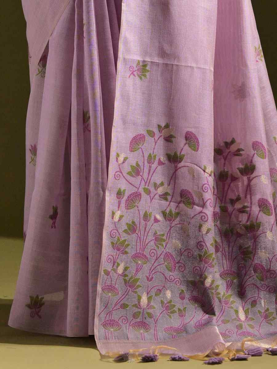 Lavender Premium Soft Muga Cotton Handwoven Casual Reception Festival Wedding Fancy Classic Style Sarees