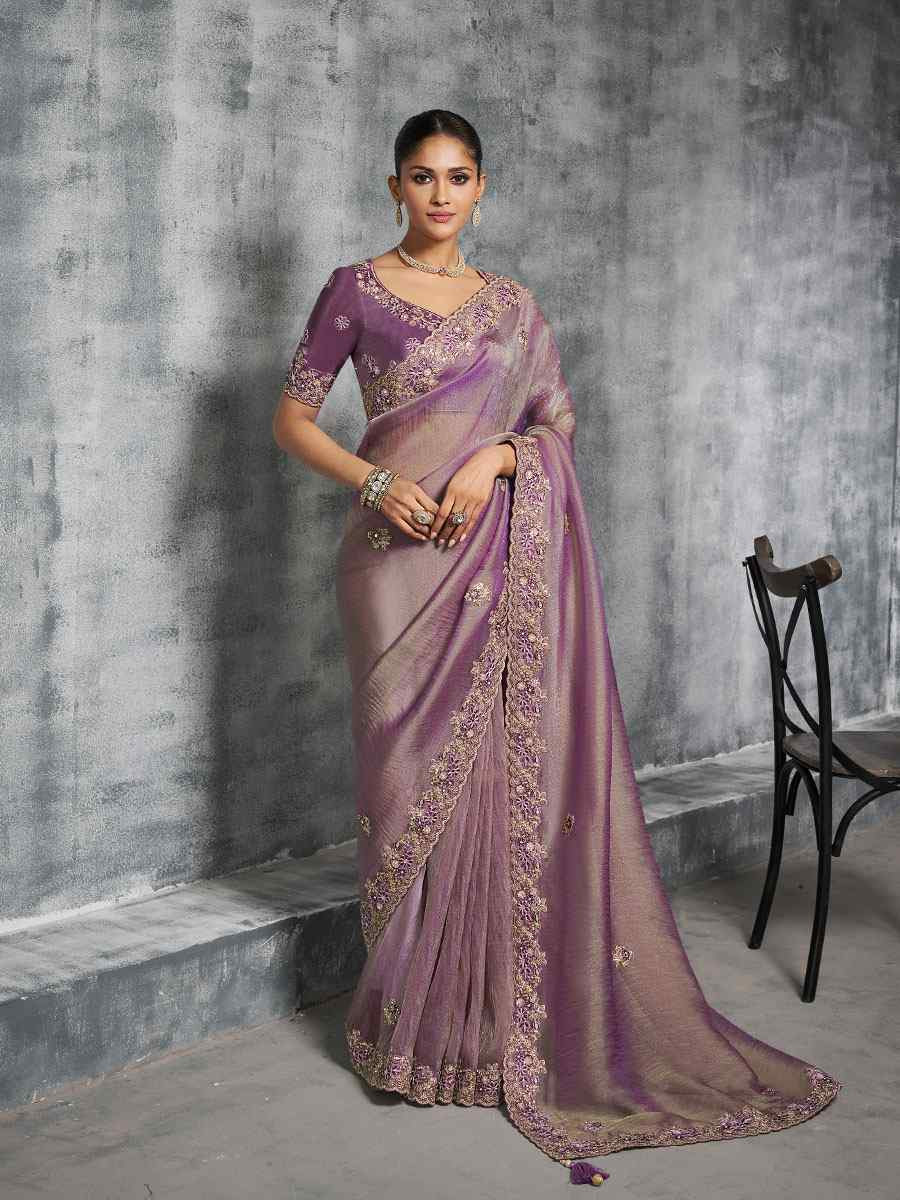 Lavender Premium Tissue Silk Embroidery Traditional Casual Reception Festival Wedding Fancy Heavy Border Saree
