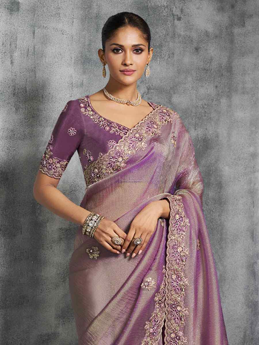 Lavender Premium Tissue Silk Embroidery Traditional Casual Reception Festival Wedding Fancy Heavy Border Saree