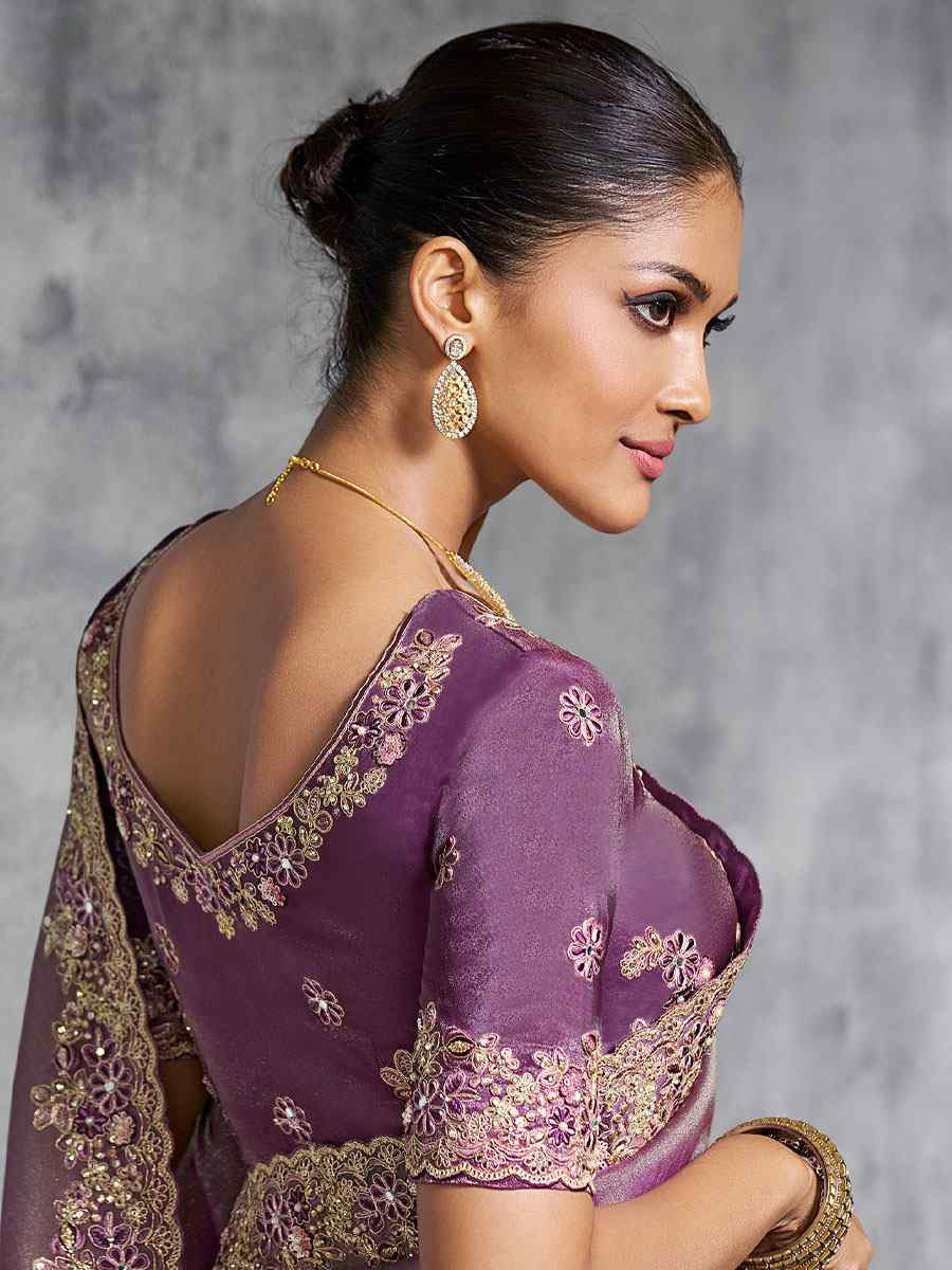 Lavender Premium Tissue Silk Embroidery Traditional Casual Reception Festival Wedding Fancy Heavy Border Saree