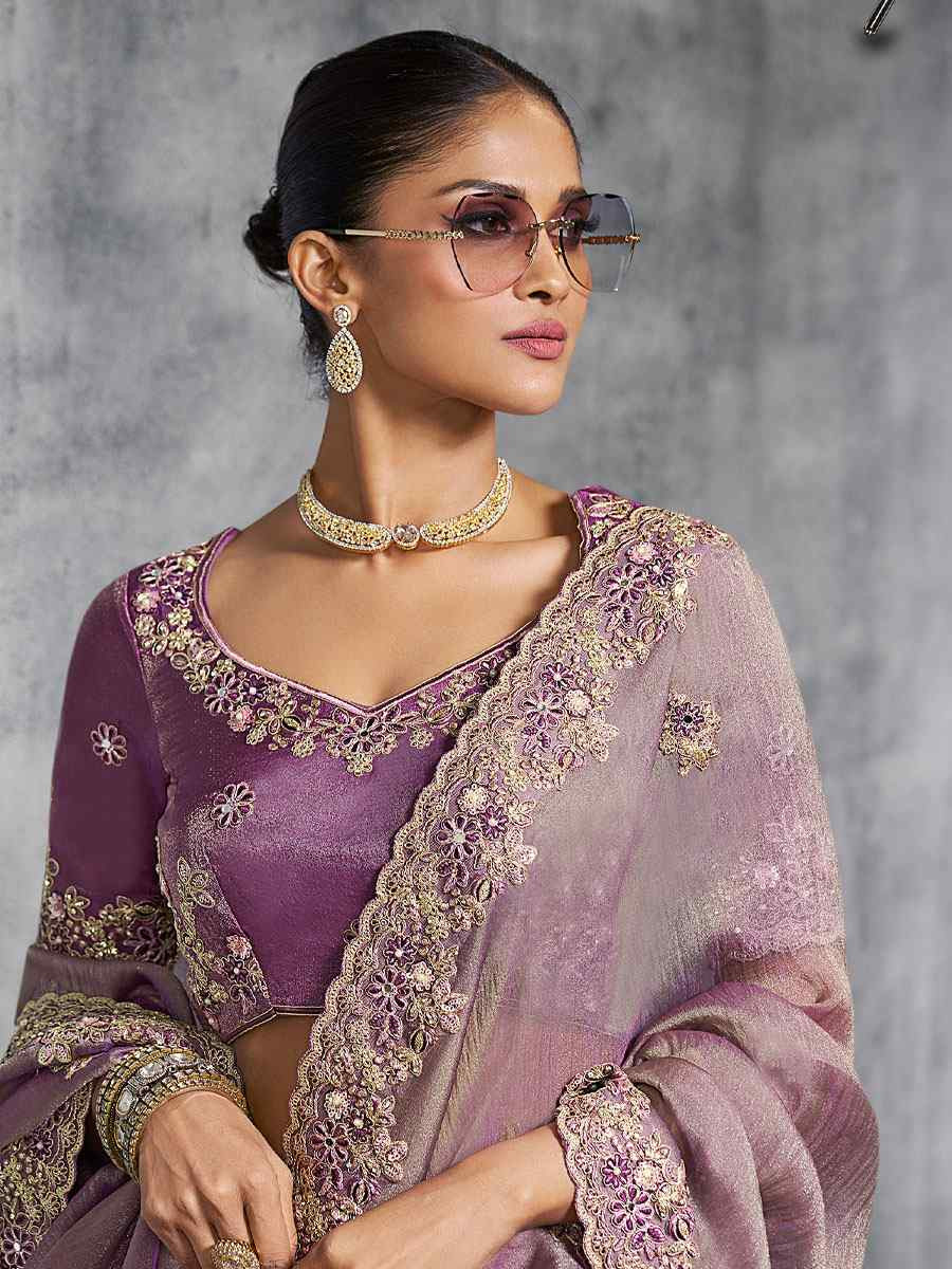 Lavender Premium Tissue Silk Embroidery Traditional Casual Reception Festival Wedding Fancy Heavy Border Saree