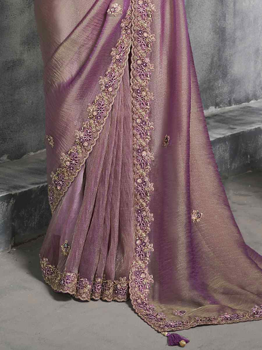 Lavender Premium Tissue Silk Embroidery Traditional Casual Reception Festival Wedding Fancy Heavy Border Saree
