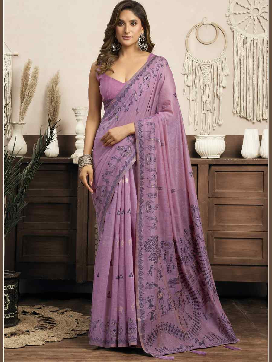 Lavender Printed Casual Reception Festival Wedding Fancy Heavy Border Sarees