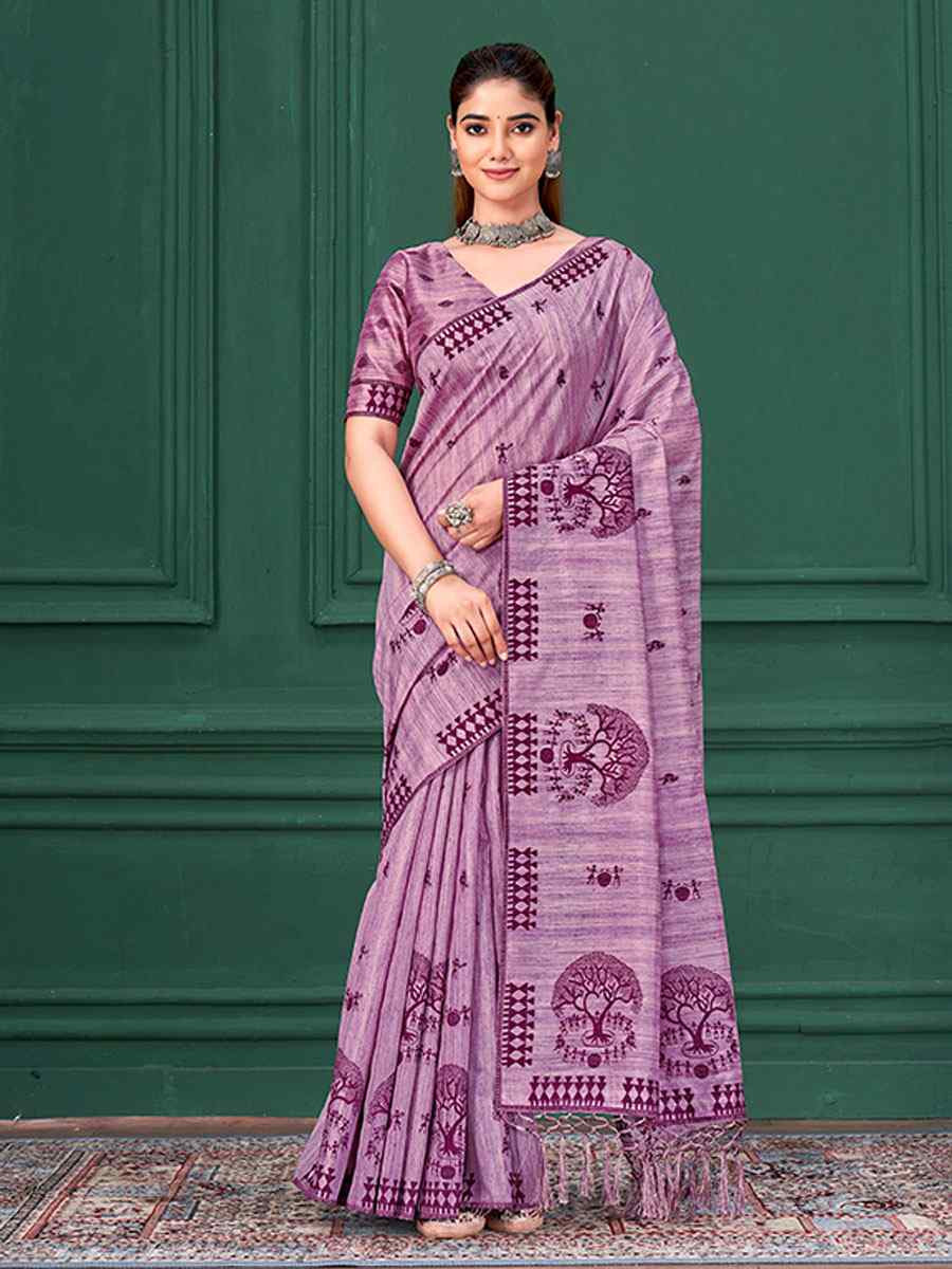 Lavender Printed Handwoven Traditional Bridal Reception Festival Wedding Fancy Classic Style Sarees