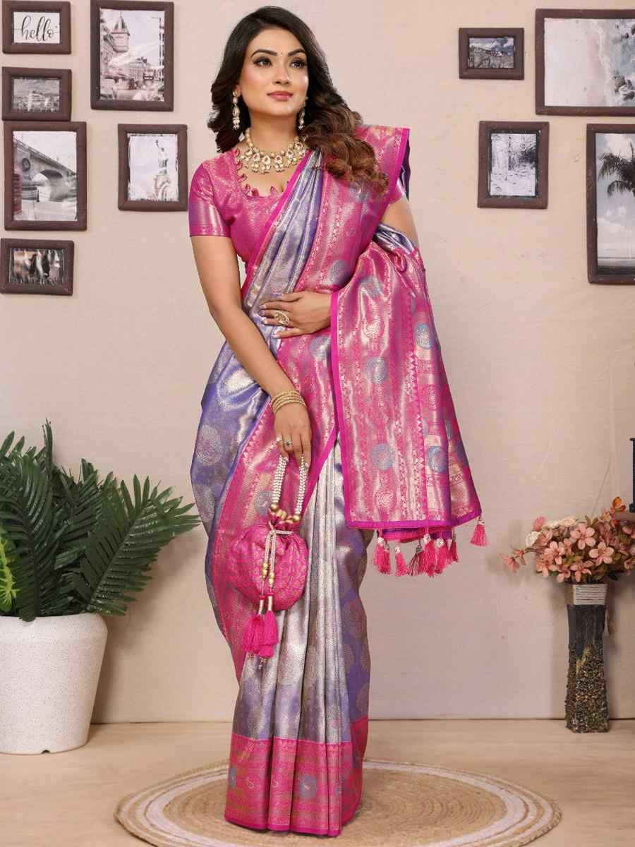 Lavender Pure Banarasi Tissue Silk Handwoven Festival Wedding Fancy Heavy Border Saree