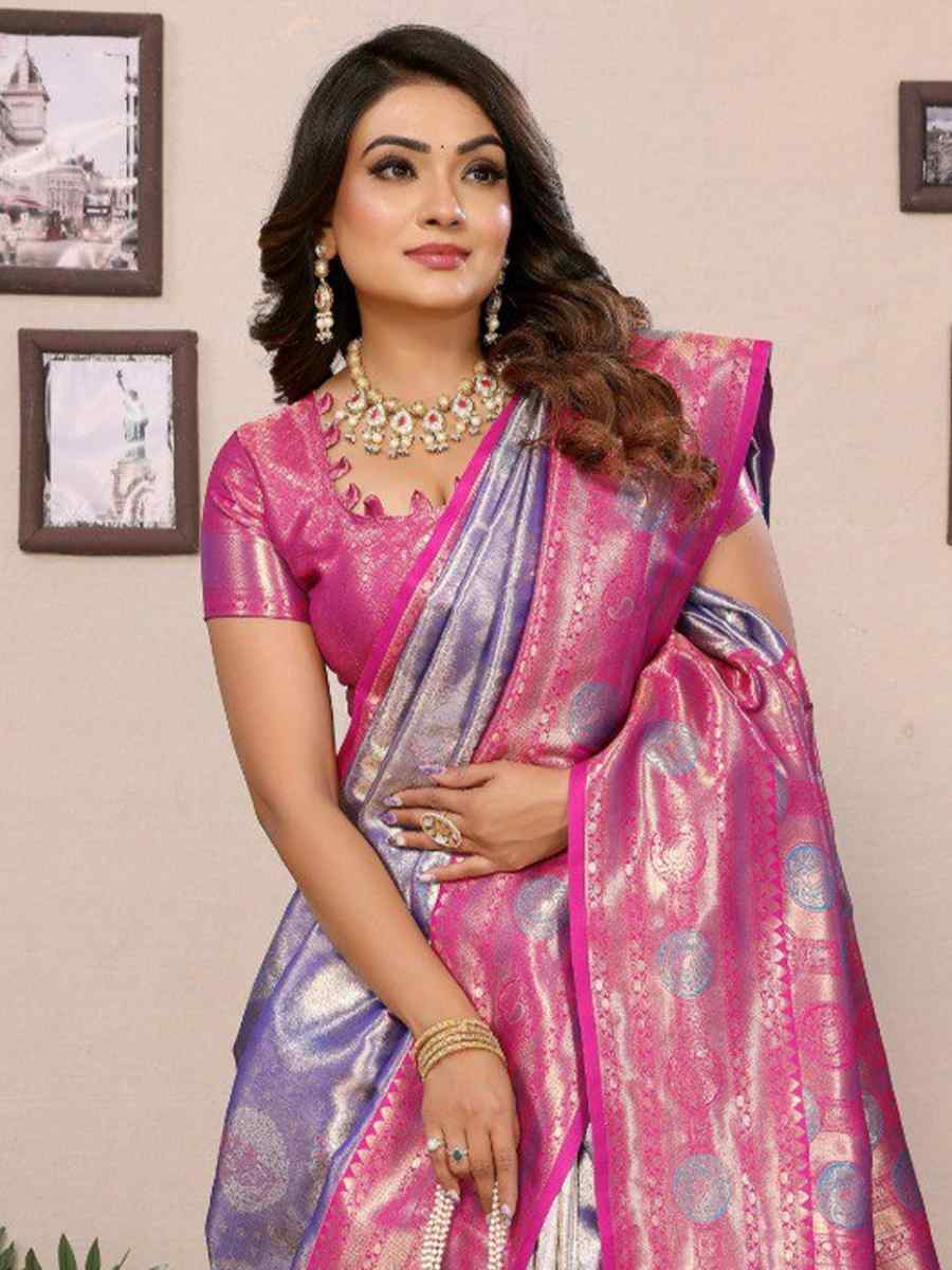 Lavender Pure Banarasi Tissue Silk Handwoven Festival Wedding Fancy Heavy Border Saree