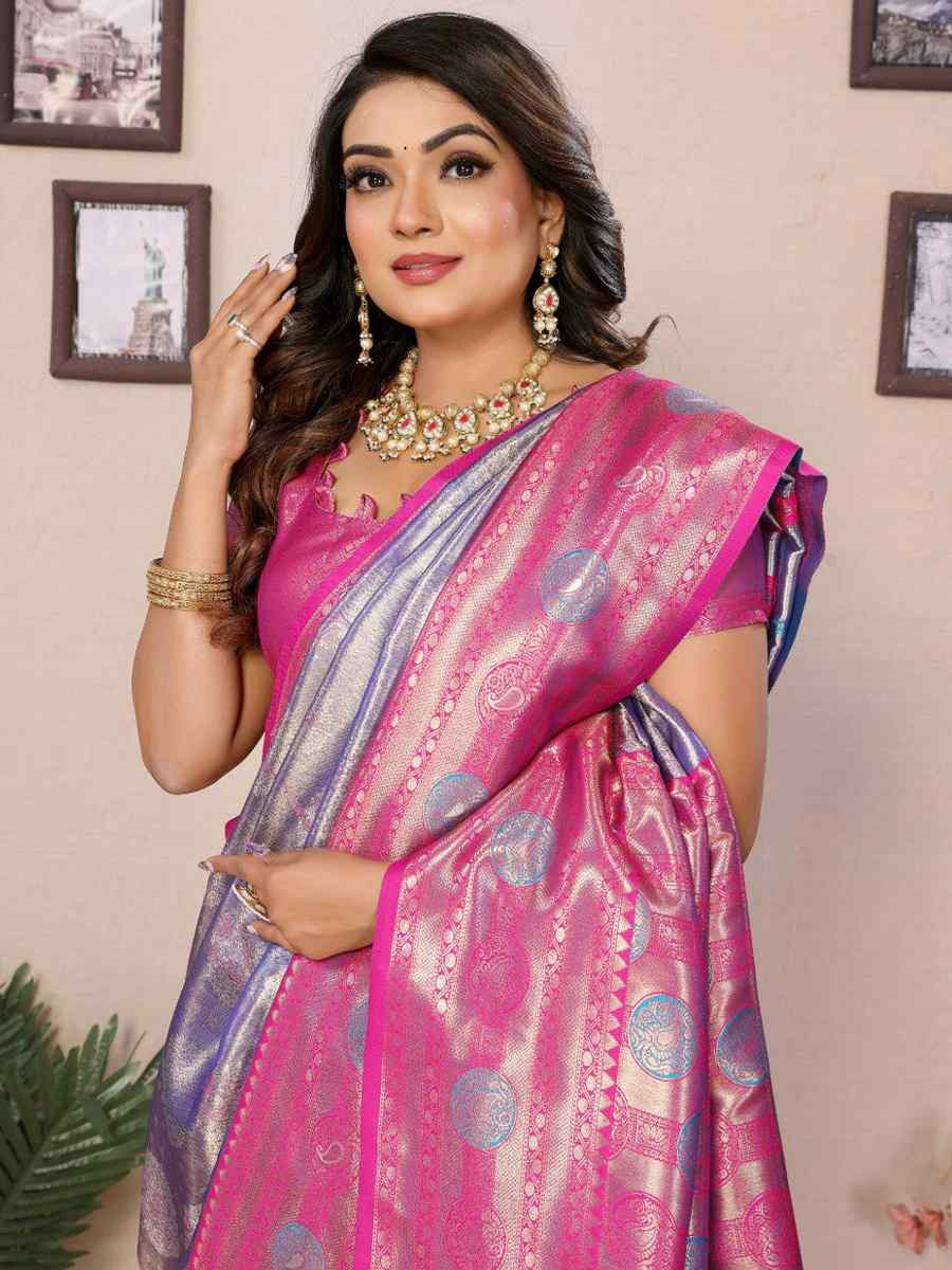 Lavender Pure Banarasi Tissue Silk Handwoven Festival Wedding Fancy Heavy Border Saree