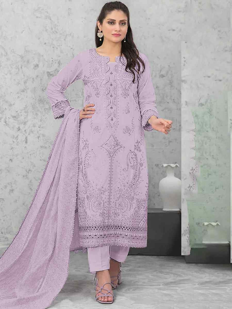 Lavender Pure Cambric Cotton Embroidered Festival Wedding Pant Salwar Kameez