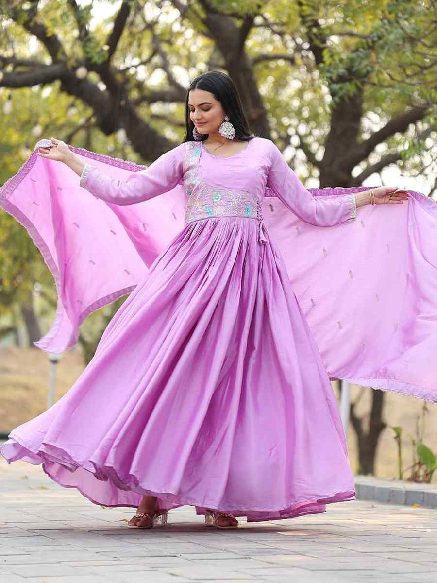 Lavender Pure Chinon Embroidered Festival Mehendi Gown
