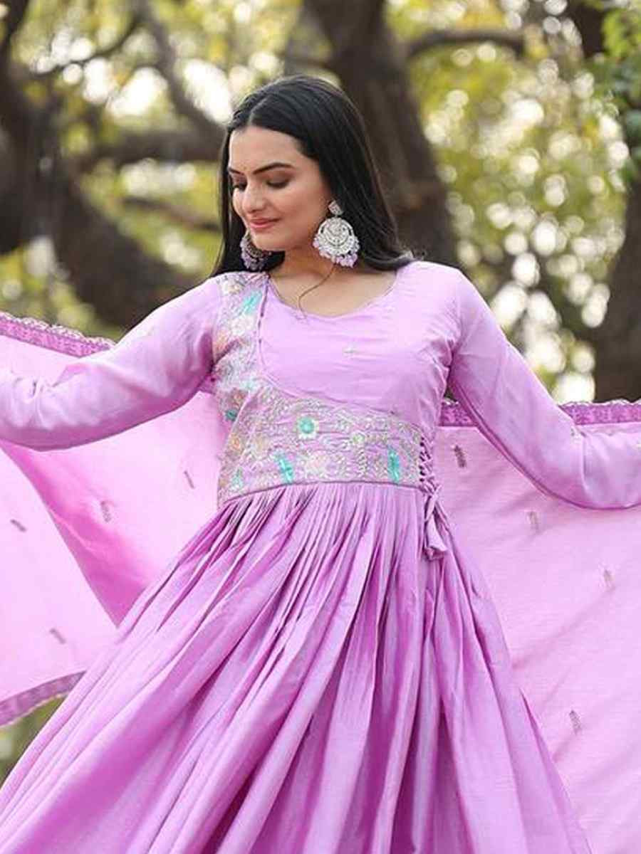 Lavender Pure Chinon Embroidered Festival Mehendi Gown