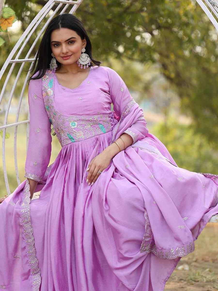 Lavender Pure Chinon Embroidered Festival Mehendi Gown