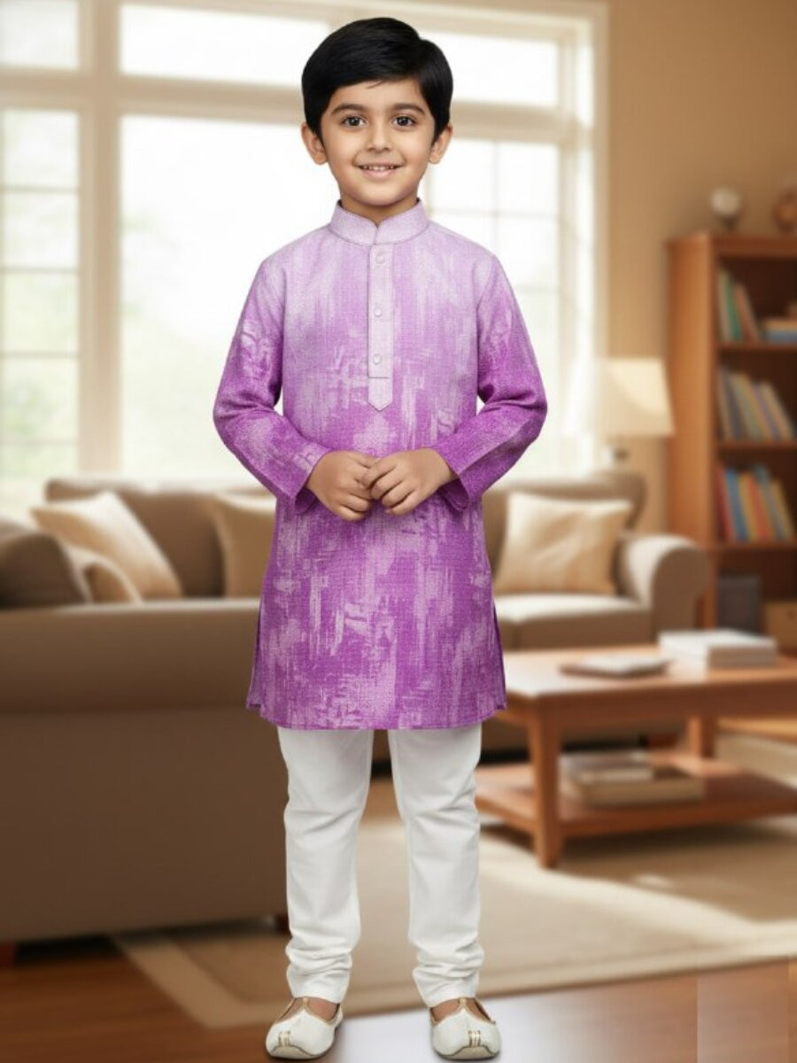 Lavender Pure Cotton Printed Ethnic Festival Party Casual Kurta Pyjama Boys Wear