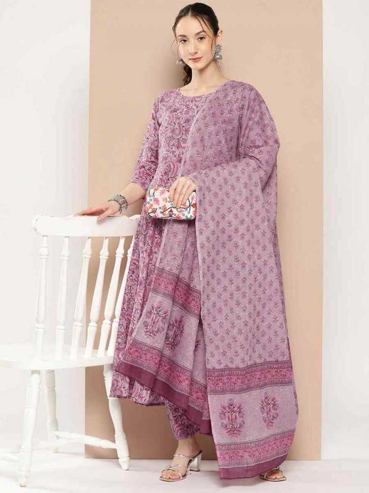 Lavender Pure Cotton Printed Festival Casual Ready Pant Salwar Kameez