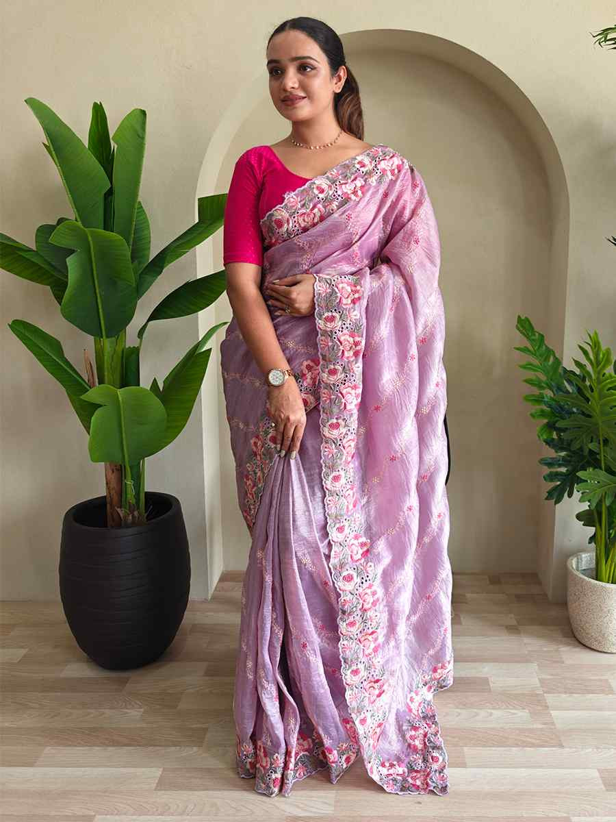 Lavender Pure Crush Silk Embroidered Festival Wedding Fancy Heavy Border Saree