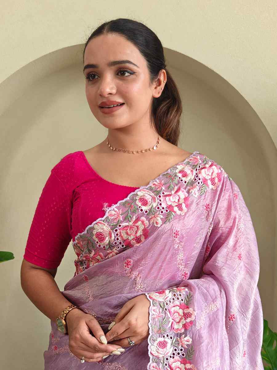 Lavender Pure Crush Silk Embroidered Festival Wedding Fancy Heavy Border Saree
