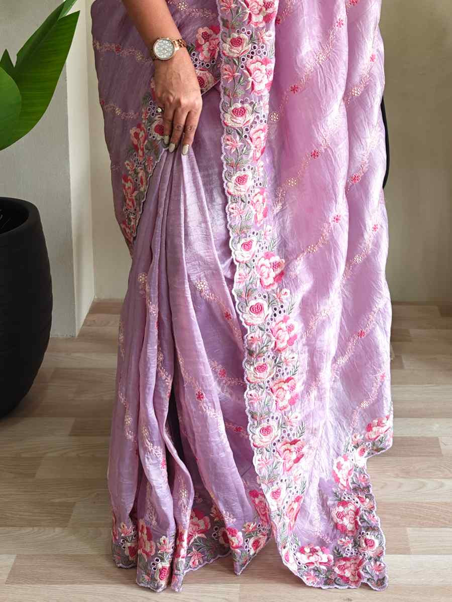 Lavender Pure Crush Silk Embroidered Festival Wedding Fancy Heavy Border Saree