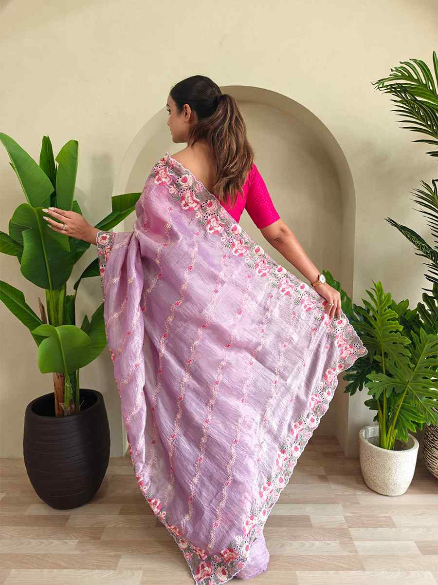 Lavender Pure Crush Silk Embroidered Festival Wedding Fancy Heavy Border Saree