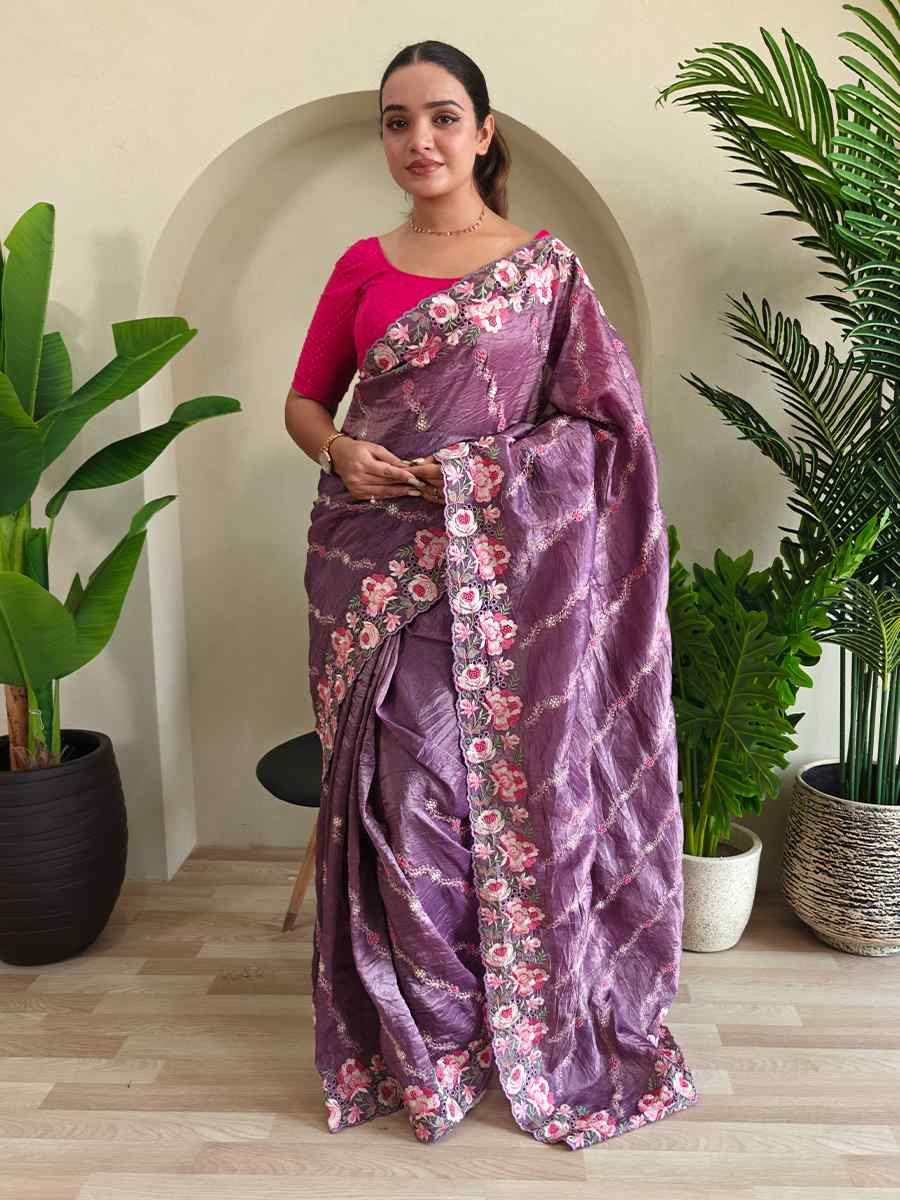 Lavender Pure Crush Silk Embroidered Festival Wedding Fancy Heavy Border Saree