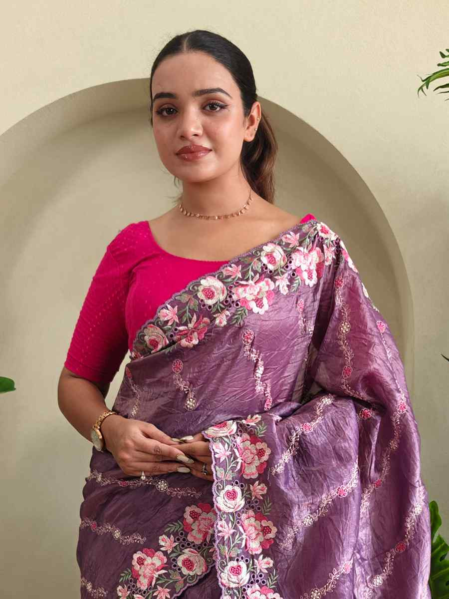 Lavender Pure Crush Silk Embroidered Festival Wedding Fancy Heavy Border Saree