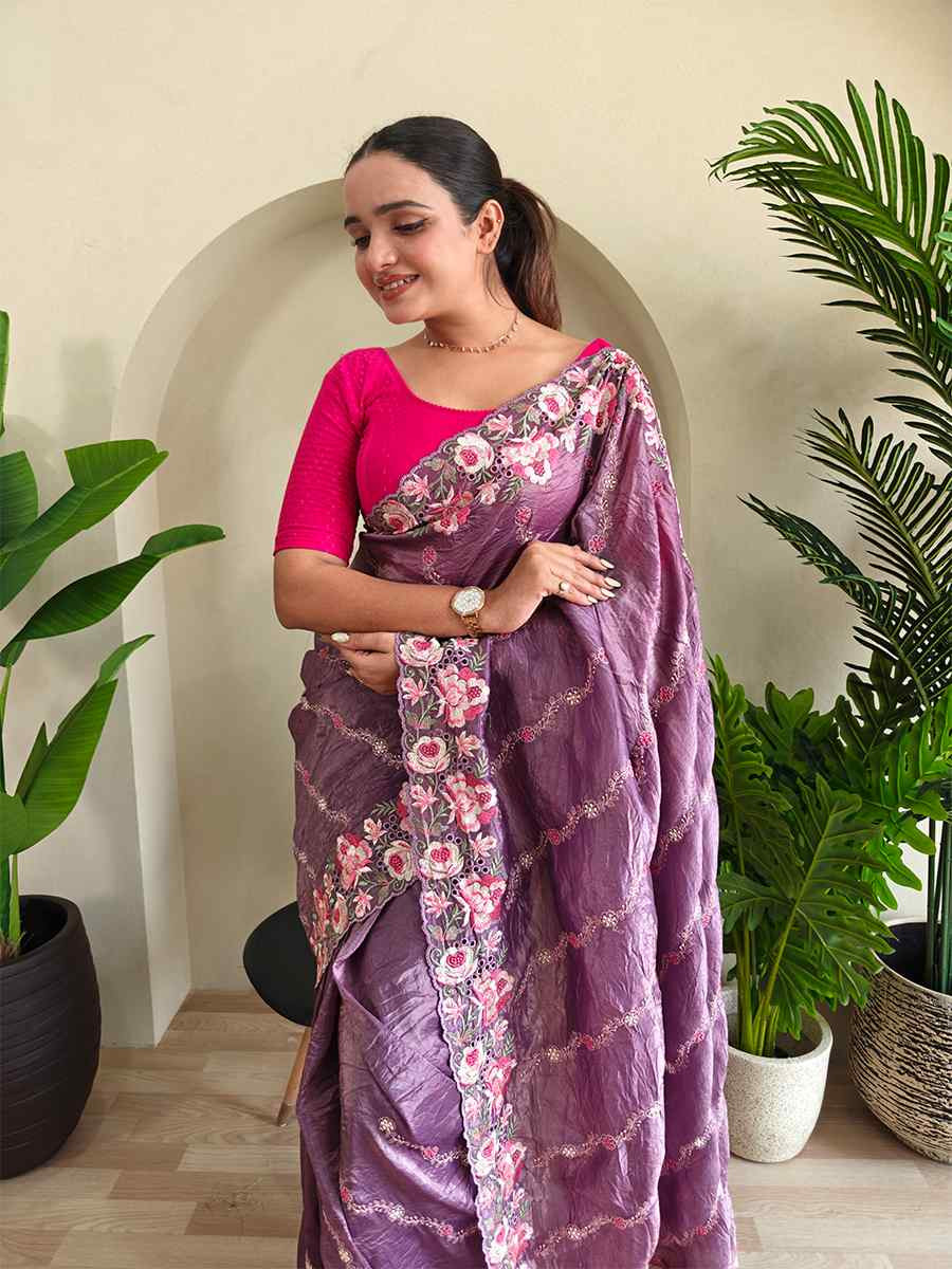Lavender Pure Crush Silk Embroidered Festival Wedding Fancy Heavy Border Saree