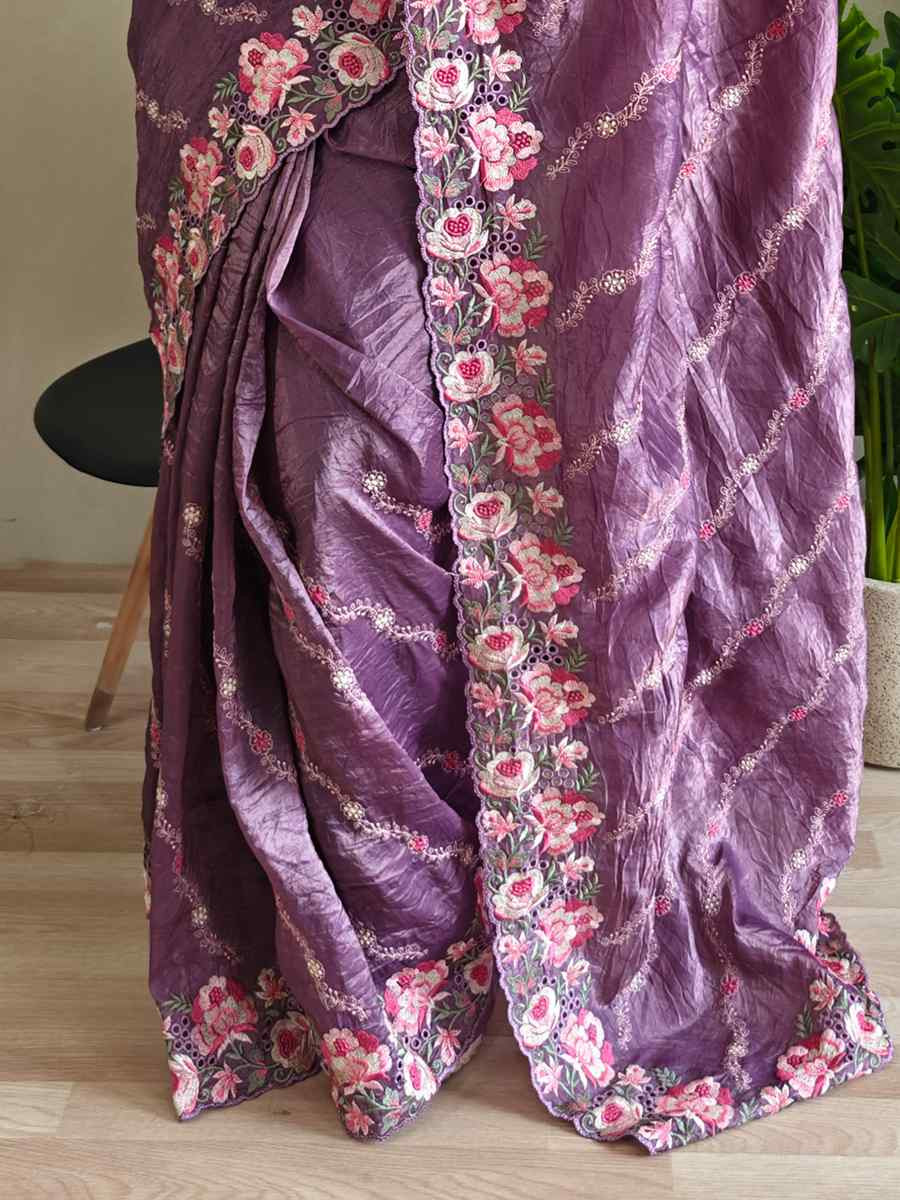 Lavender Pure Crush Silk Embroidered Festival Wedding Fancy Heavy Border Saree