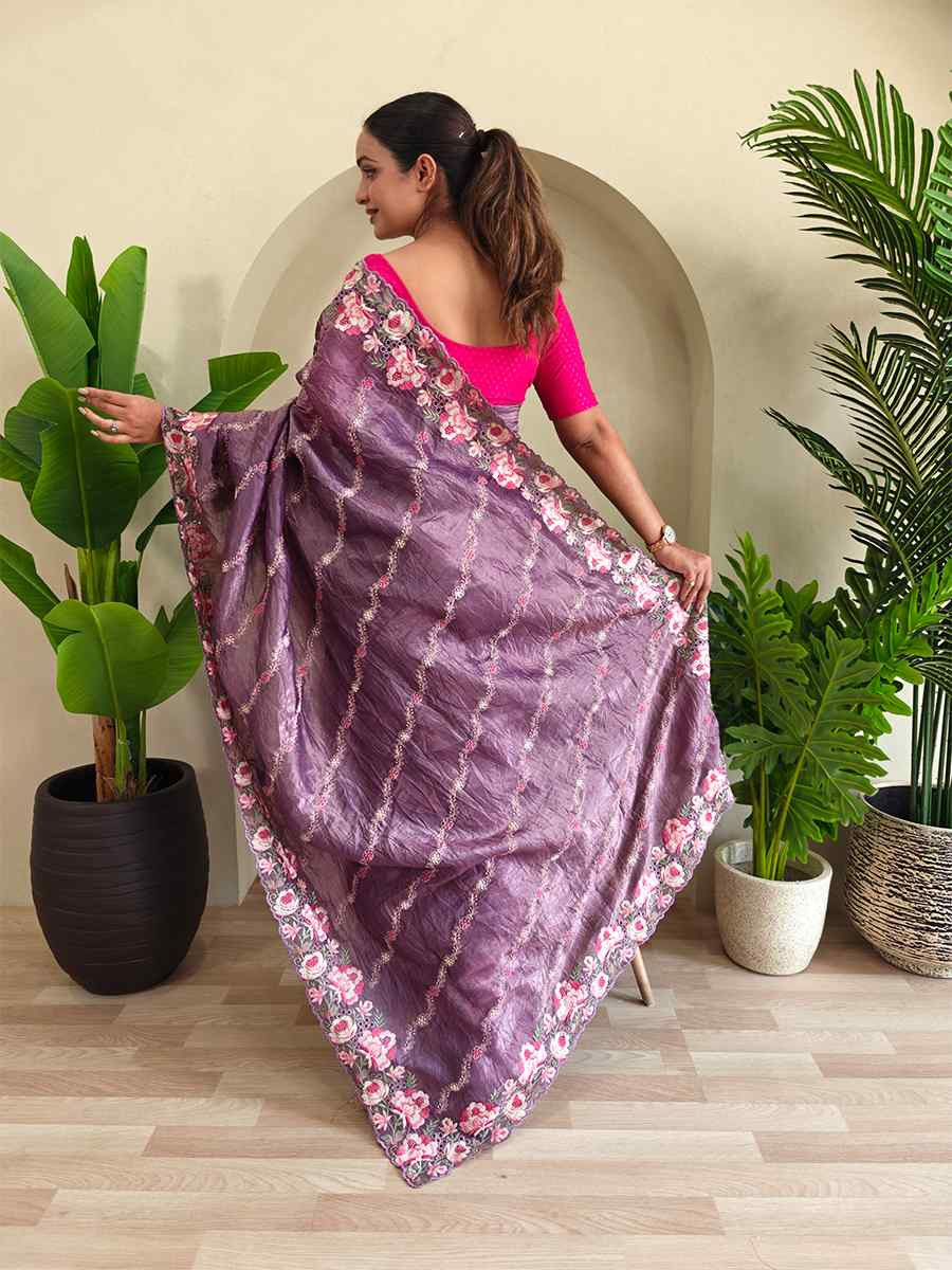 Lavender Pure Crush Silk Embroidered Festival Wedding Fancy Heavy Border Saree