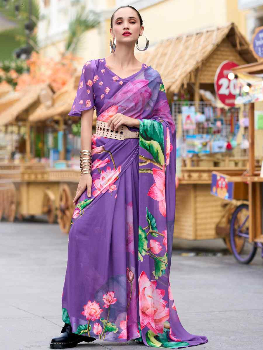 Lavender Pure Georgette Printed Casual Festival Contemporary Saree