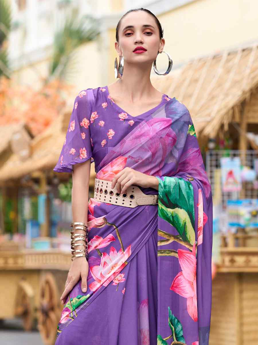 Lavender Pure Georgette Printed Casual Festival Contemporary Saree
