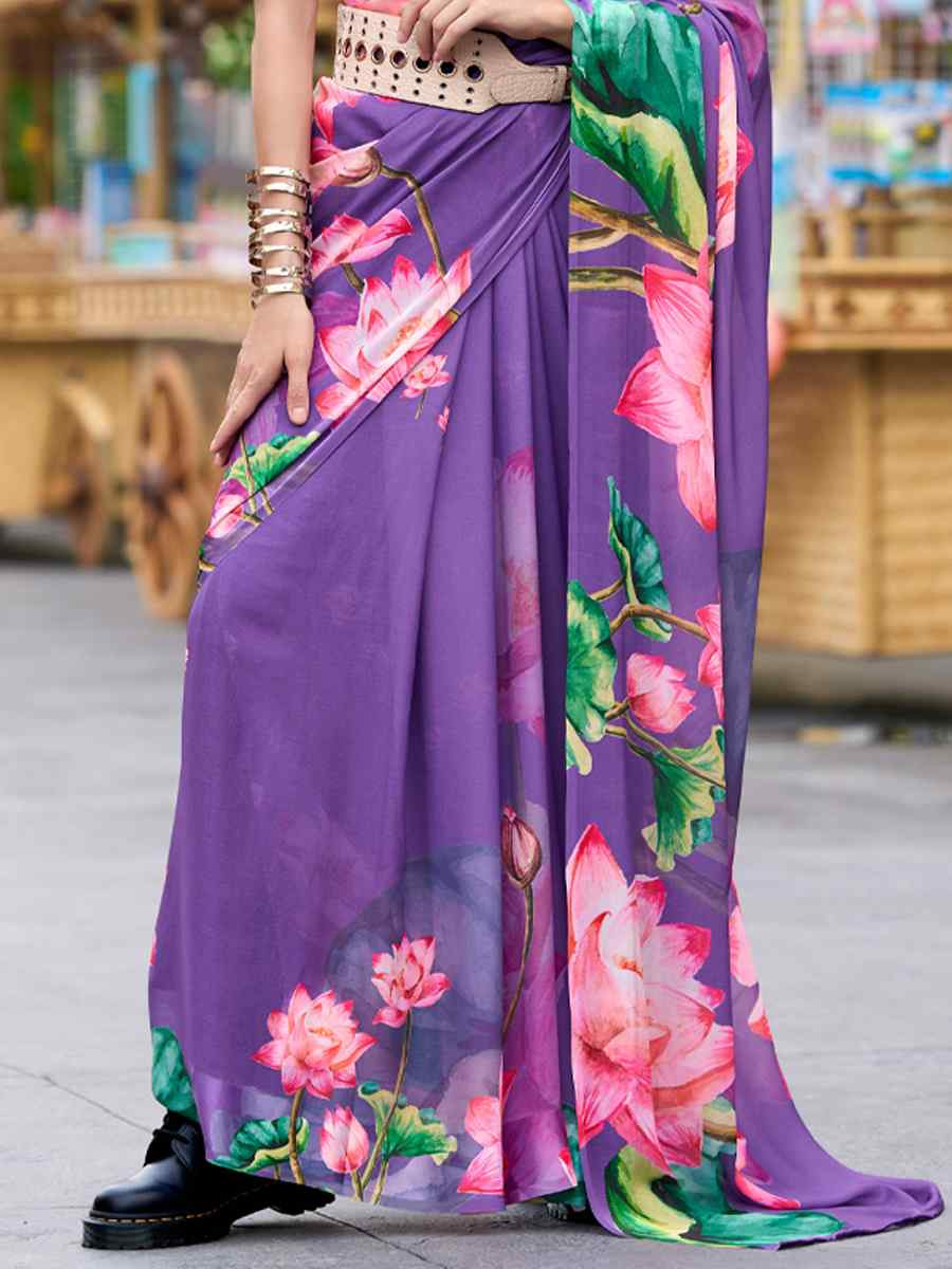 Lavender Pure Georgette Printed Casual Festival Contemporary Saree