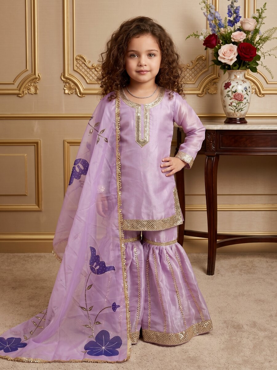 Lavender Pure gmy silk Embroidered Sequins Ethnic Casual Festival Party Wedding Kurta Sharara Girls Wear