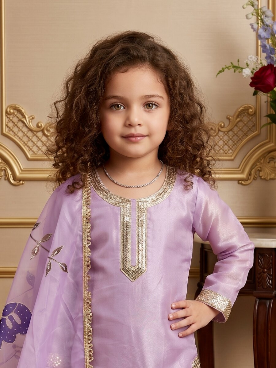 Lavender Pure gmy silk Embroidered Sequins Ethnic Casual Festival Party Wedding Kurta Sharara Girls Wear
