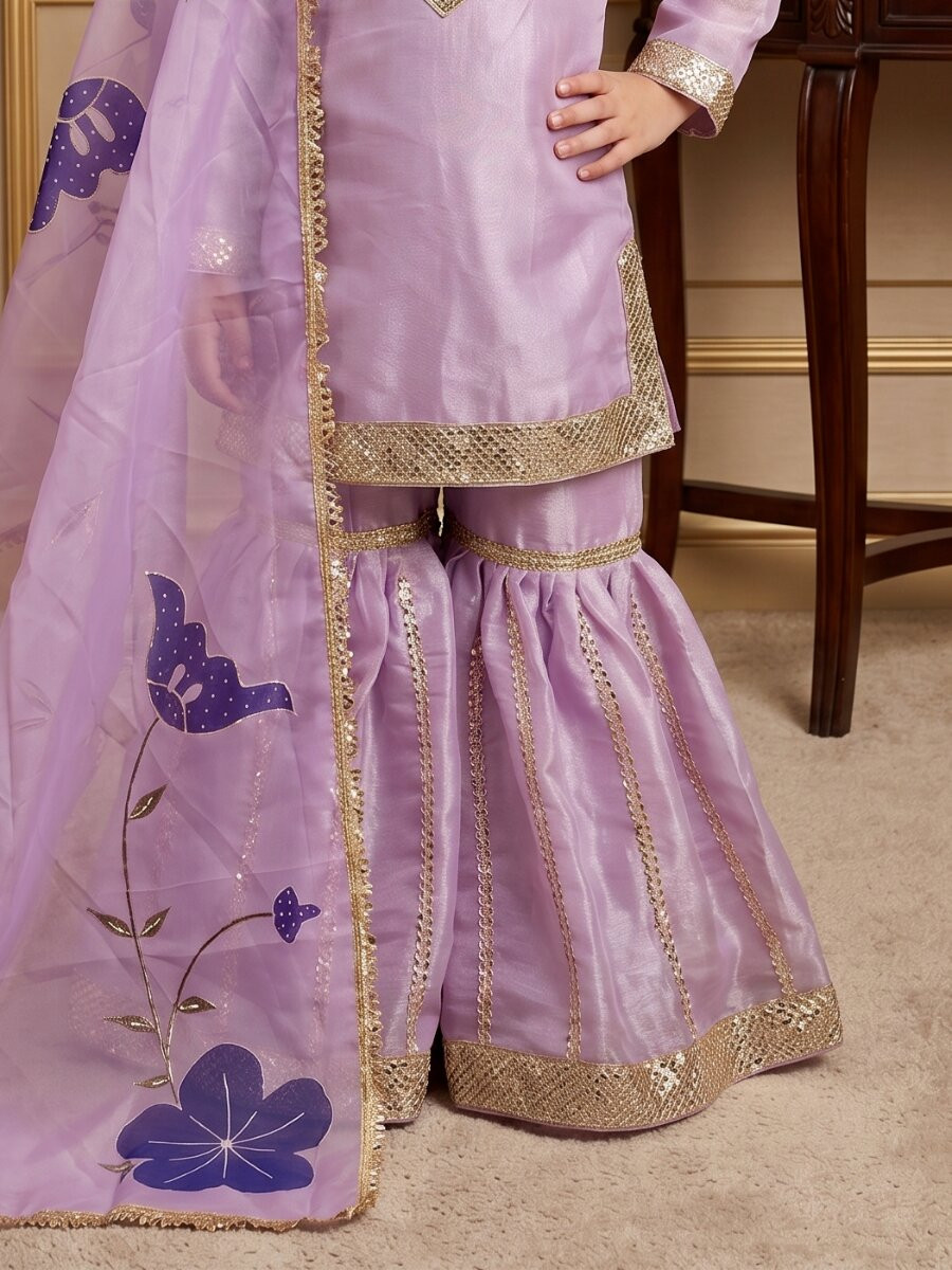 Lavender Pure gmy silk Embroidered Sequins Ethnic Casual Festival Party Wedding Kurta Sharara Girls Wear