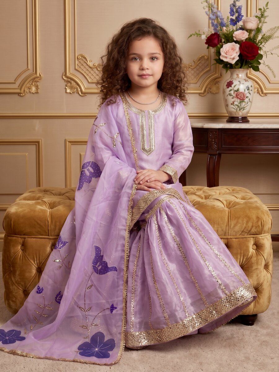 Lavender Pure gmy silk Embroidered Sequins Ethnic Casual Festival Party Wedding Kurta Sharara Girls Wear