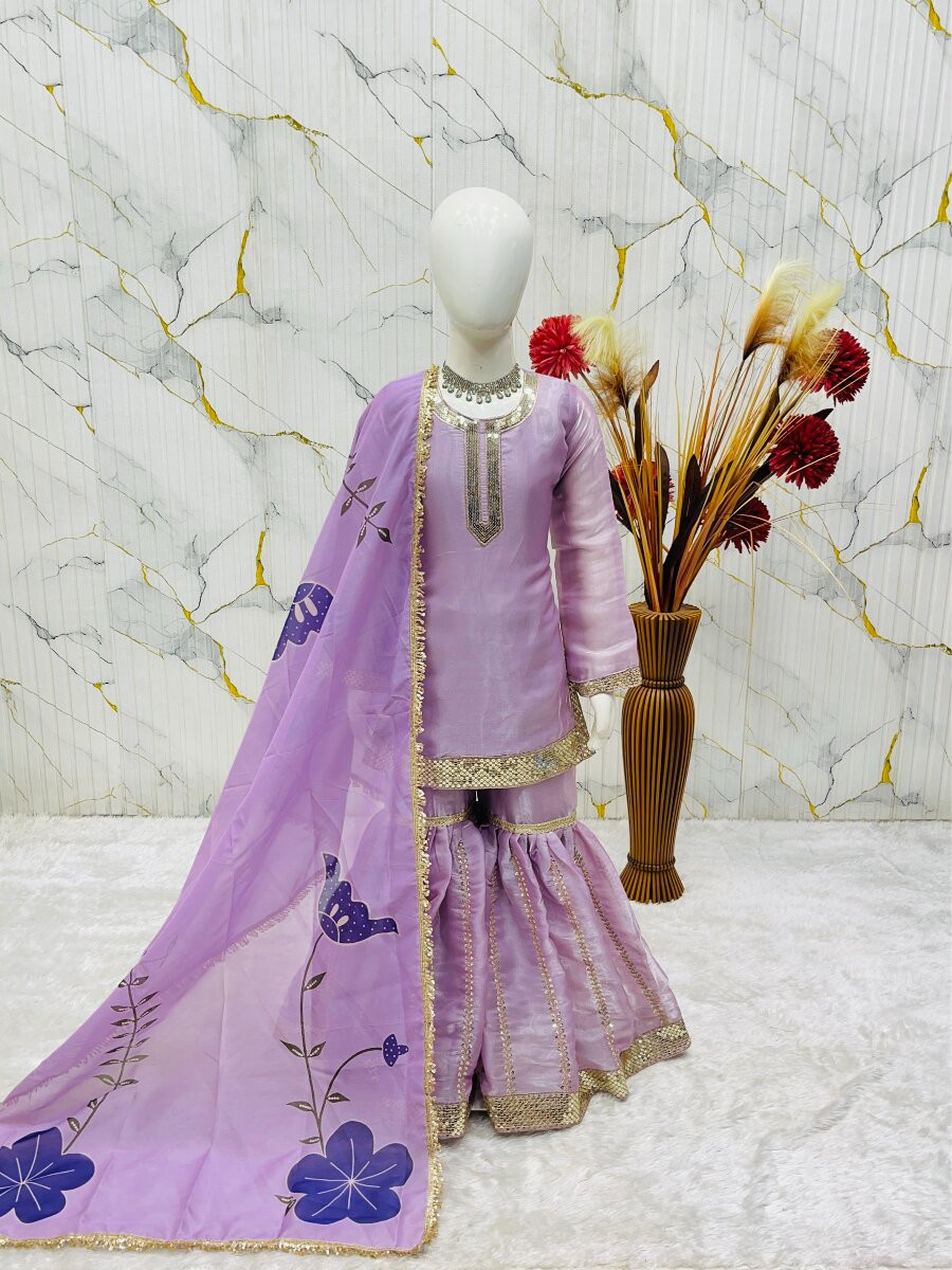 Lavender Pure gmy silk Embroidered Sequins Ethnic Casual Festival Party Wedding Kurta Sharara Girls Wear