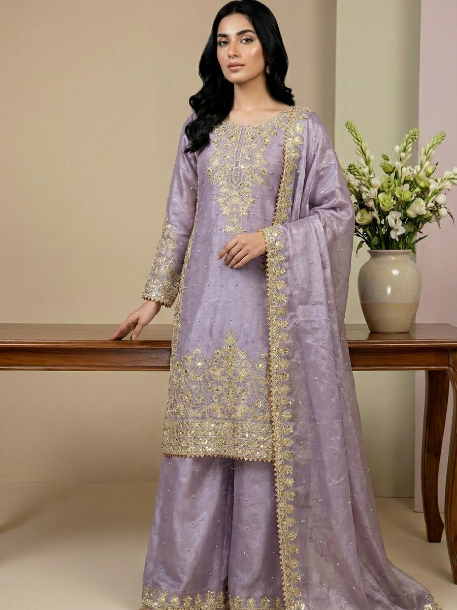 Lavender Pure Gmy Silk Embroidery Sequins Zari Party Wedding Engagement Festival Ready Palazzo Pant Salwar Kameez