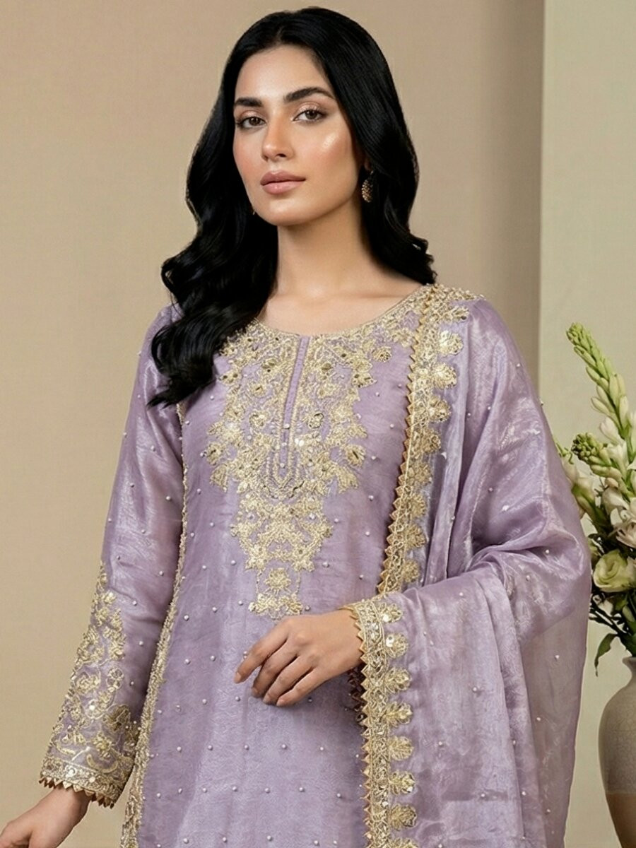 Lavender Pure Gmy Silk Embroidery Sequins Zari Party Wedding Engagement Festival Ready Palazzo Pant Salwar Kameez
