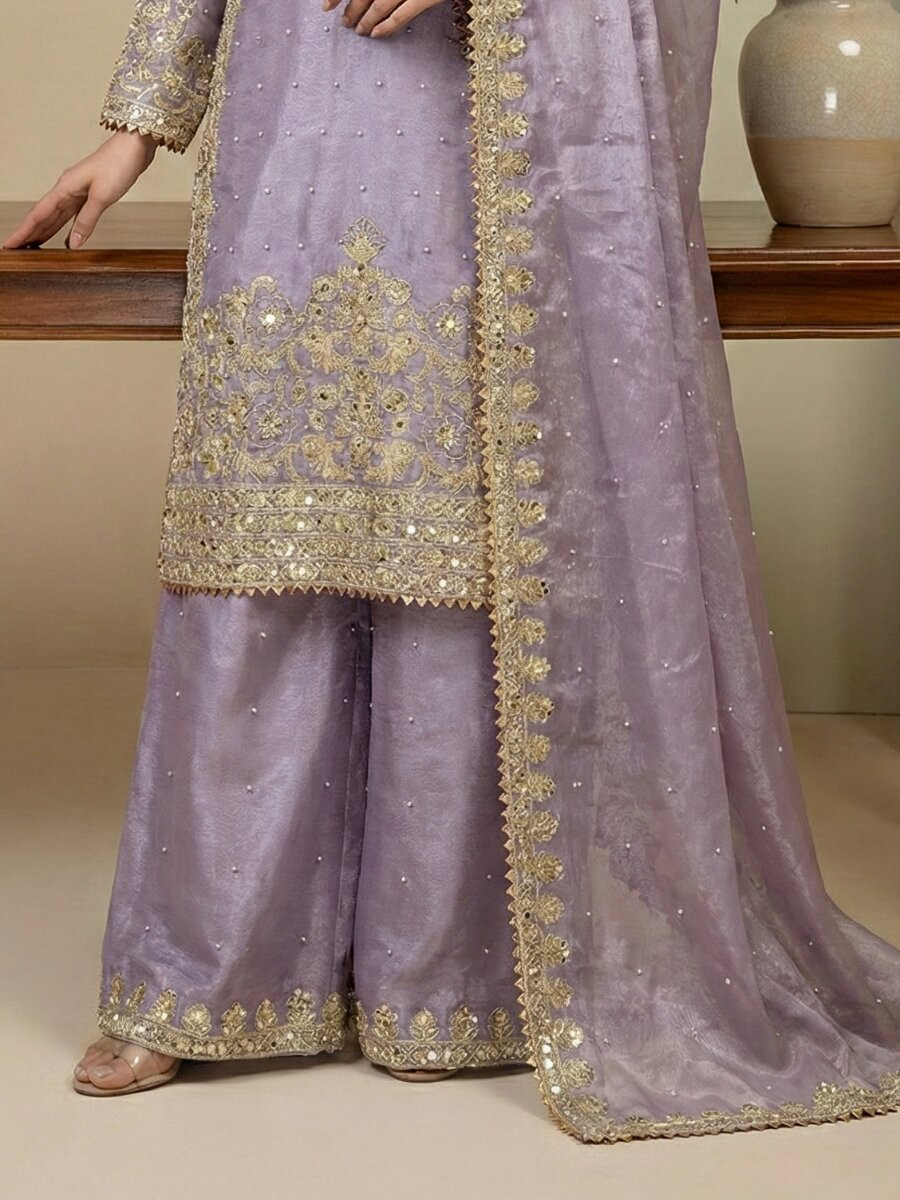 Lavender Pure Gmy Silk Embroidery Sequins Zari Party Wedding Engagement Festival Ready Palazzo Pant Salwar Kameez
