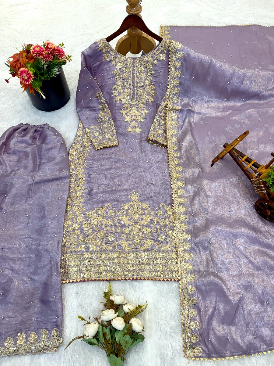 Lavender Pure Gmy Silk Embroidery Sequins Zari Party Wedding Engagement Festival Ready Palazzo Pant Salwar Kameez