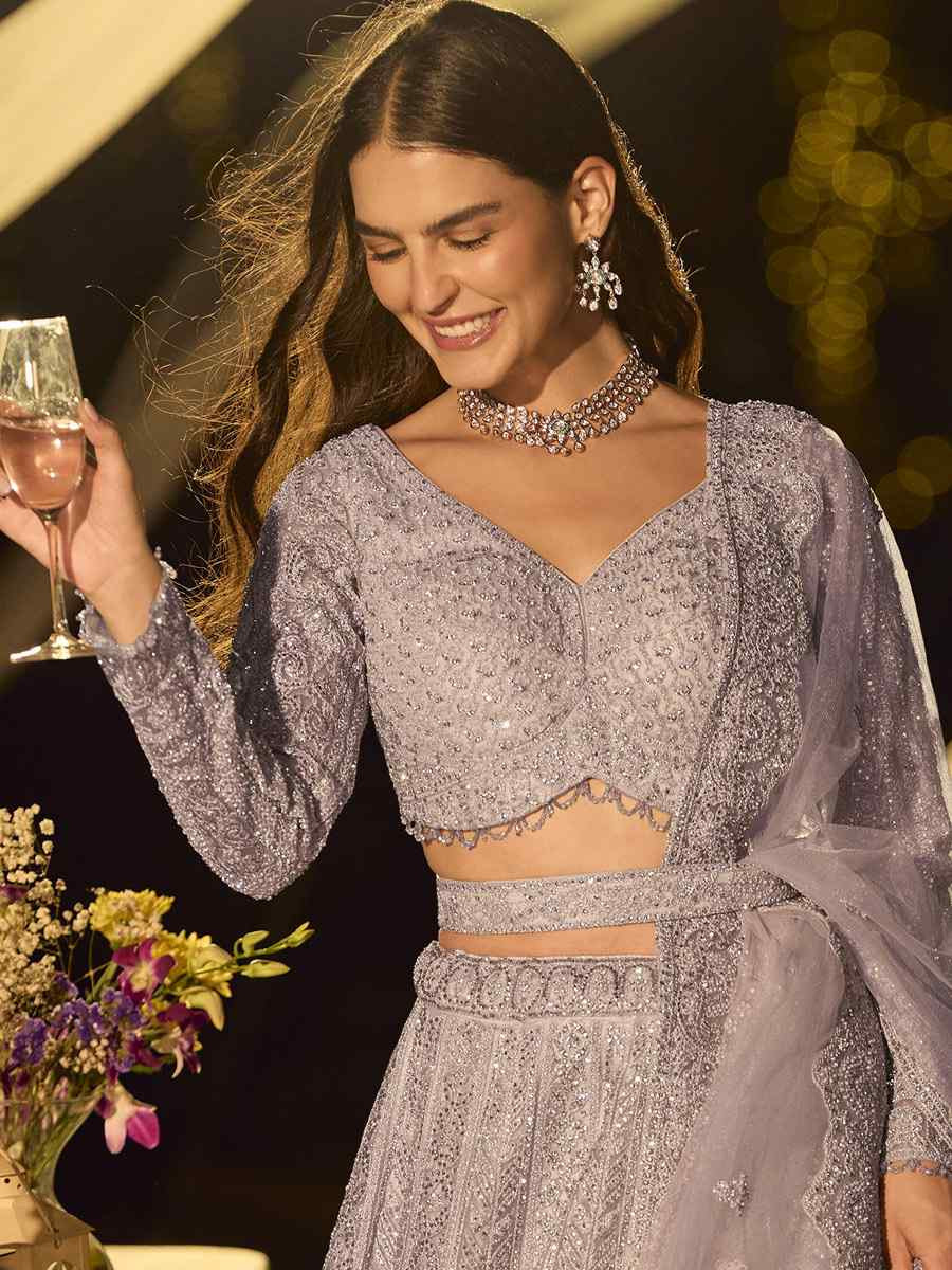 Lavender Pure Net Embroidered Wedding Reception Festival Heavy Border Lehenga Choli