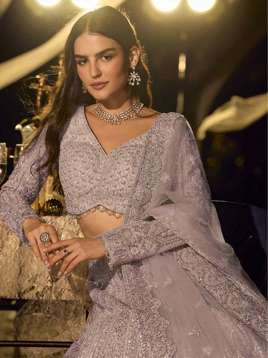 Lavender Pure Net Embroidered Wedding Reception Festival Heavy Border Lehenga Choli