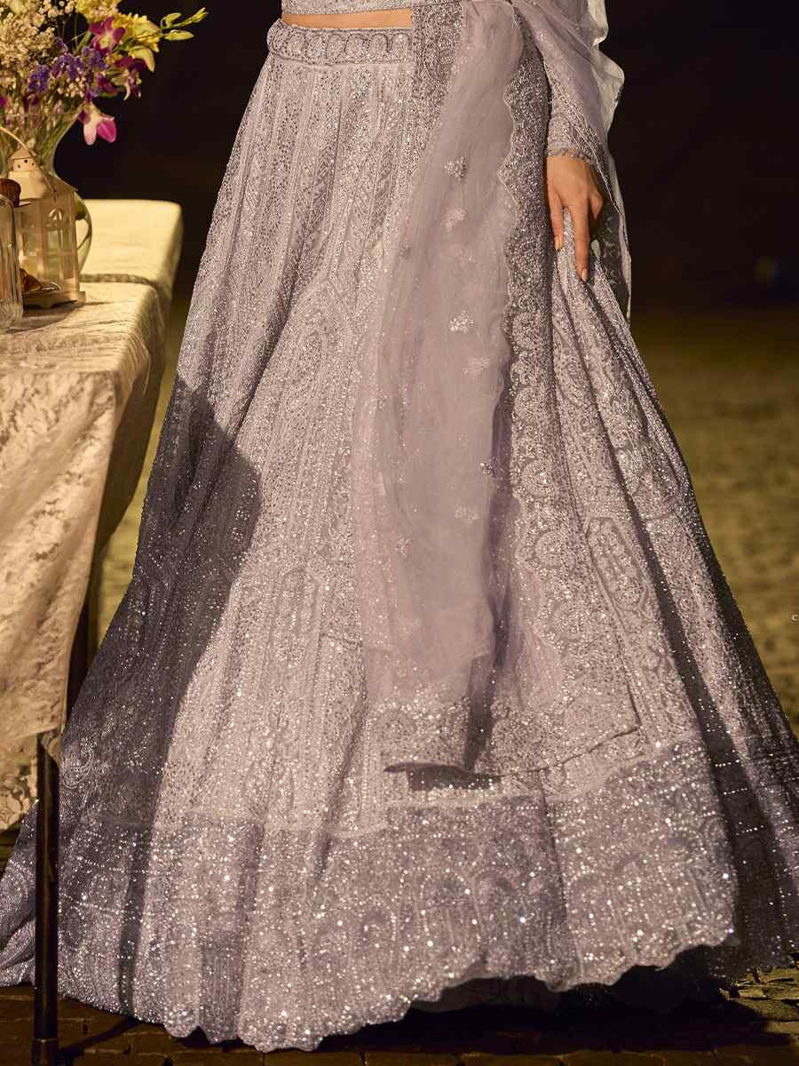 Lavender Pure Net Embroidered Wedding Reception Festival Heavy Border Lehenga Choli