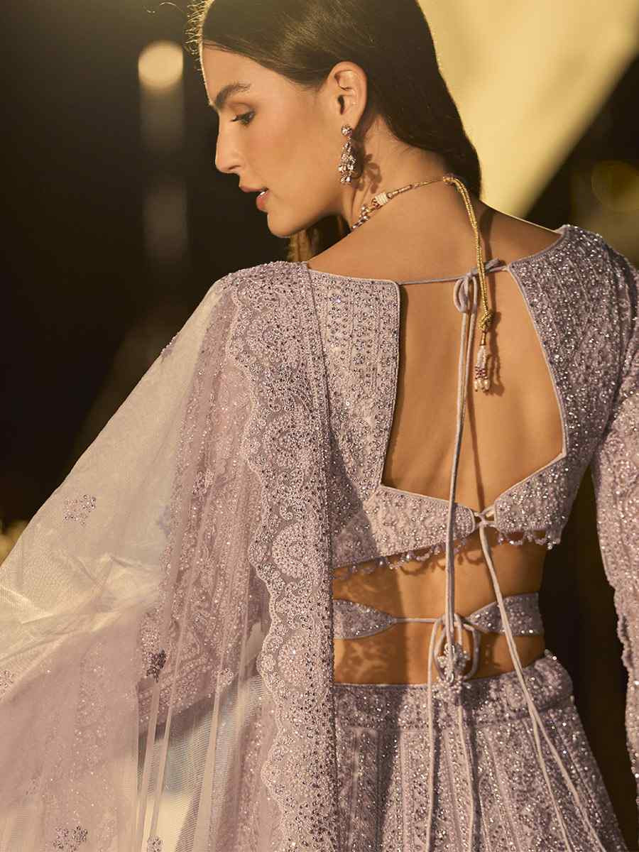 Lavender Pure Net Embroidered Wedding Reception Festival Heavy Border Lehenga Choli