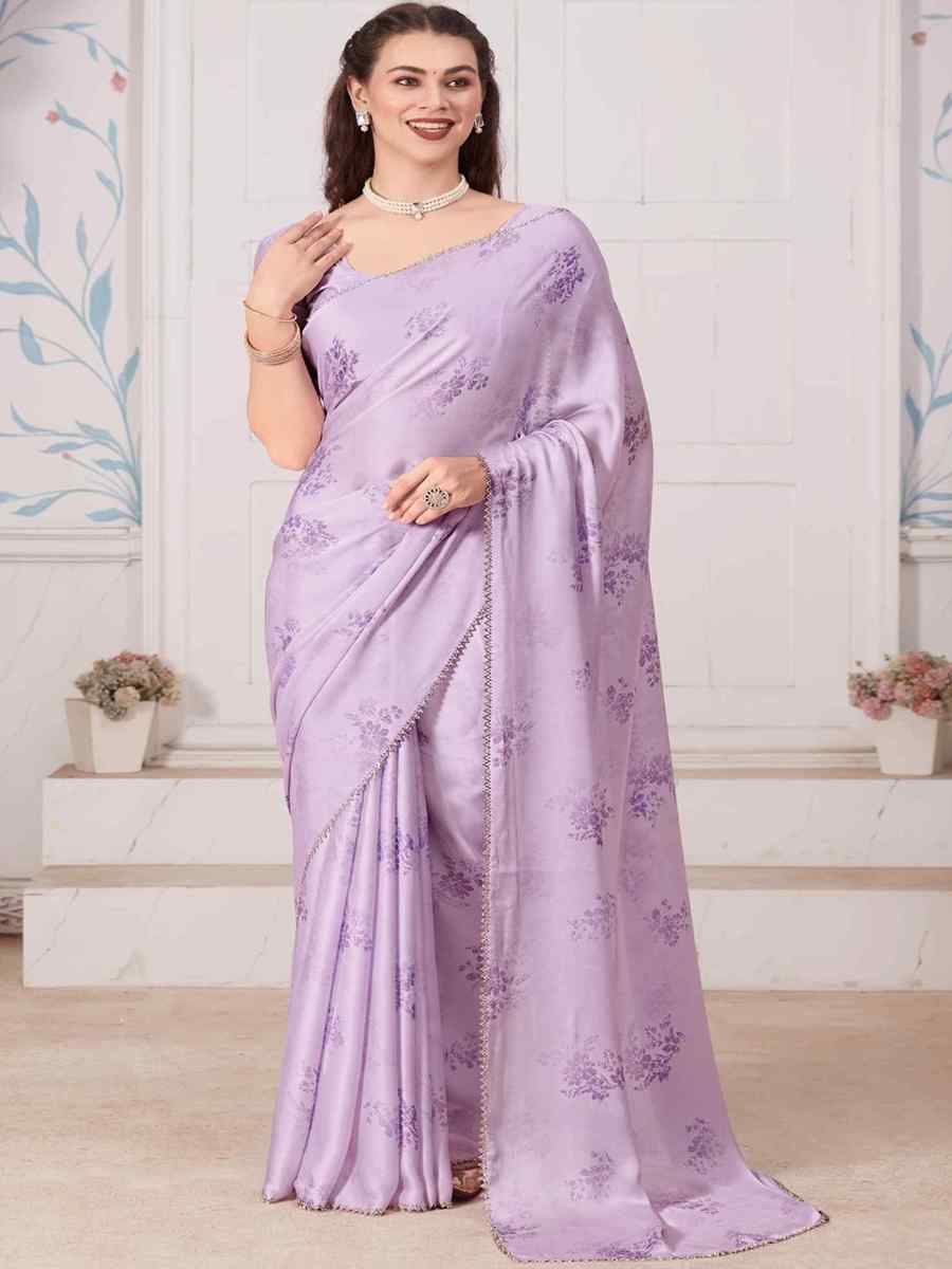 Lavender Pure Satin Printed Casual Festival Contemporary Saree