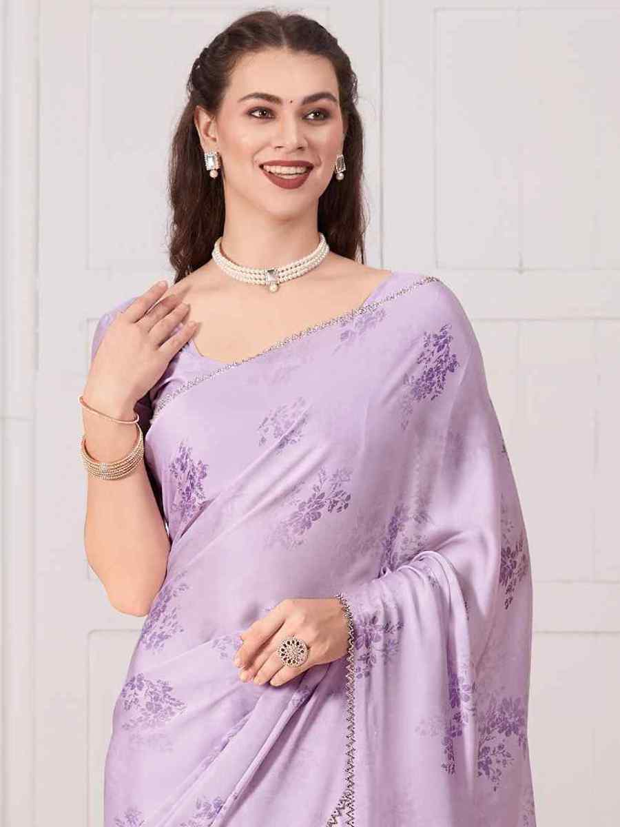 Lavender Pure Satin Printed Casual Festival Contemporary Saree